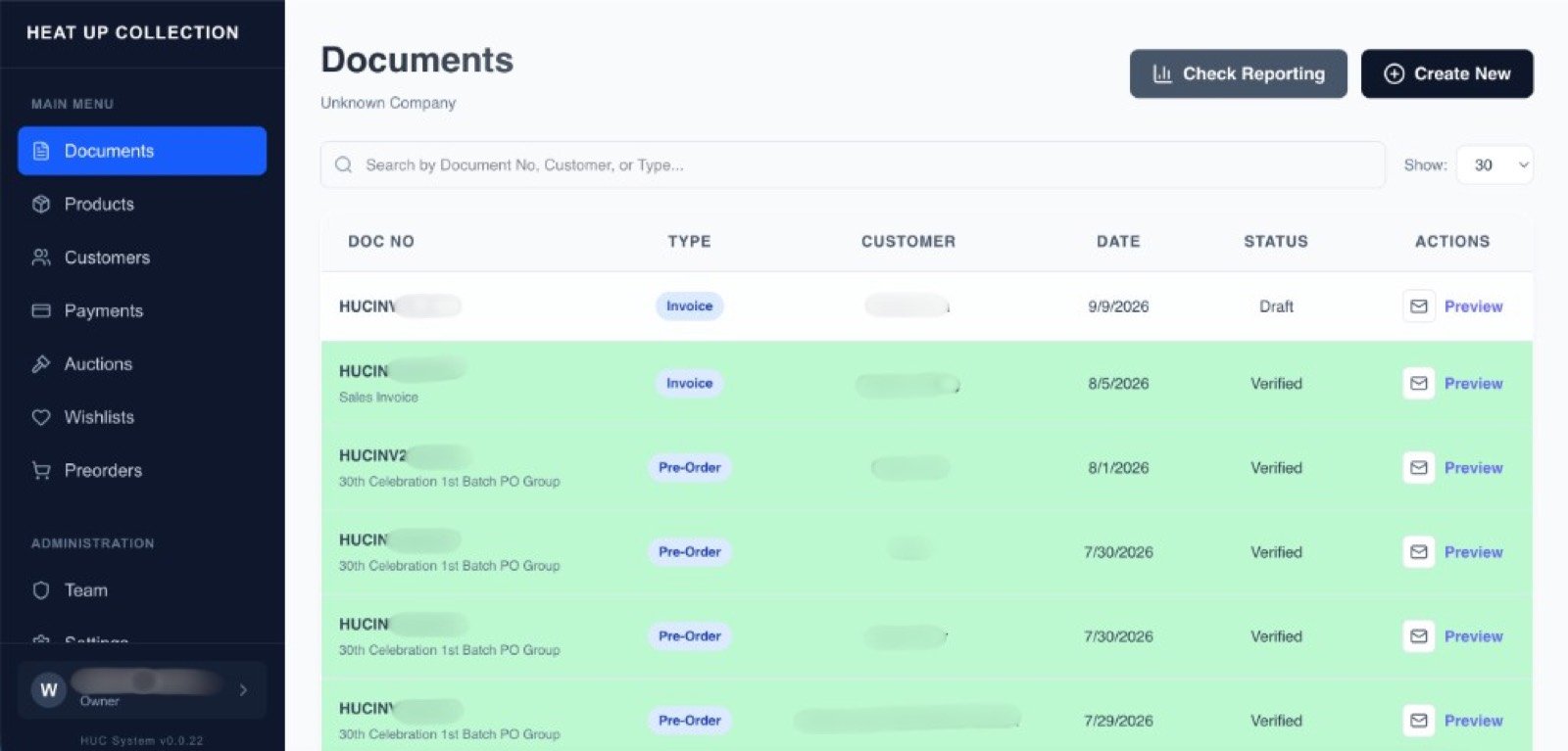 Heat Up Collection system — documents for invoices and pre-orders
